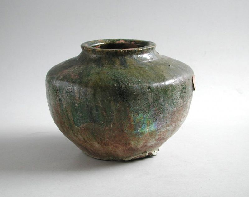 Chinese Han Dynasty Glazed Pottery Jar with Iridescence