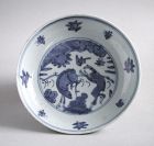 Chinese Ming Dynasty Blue & White Porcelain Dish - Deer & Monkey, Mark