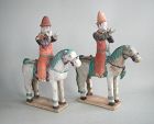 Fine Pair Chinese Ming Dynasty Glazed & Painted Pottery Horses & Rider