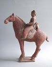 Fine Chinese Tang Dynasty Painted Pottery Horse & Rider with Dog