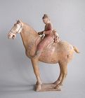 Fine Chinese Tang Dynasty Painted Pottery Horse & Rider with Dog