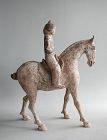 Fine Chinese Early Tang Dynasty Painted Pottery Walking Horse & Rider