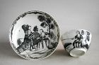 Chinese 18th Century Grisaille Porcelain Tea Cup & Saucer - Fishing