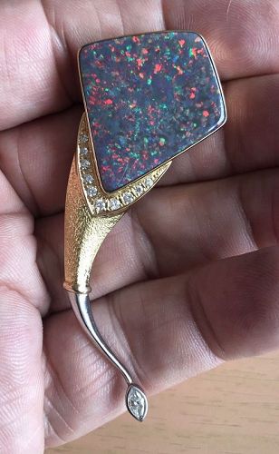 Magnificent Black Australian Opal Stingray Platinum Brooch Pin