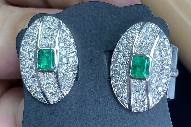 Superb Colombia Emerald &amp; Diamond Platinum Cufflinks &amp; Tie Pin
