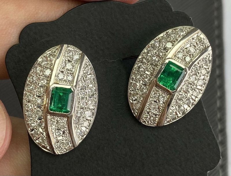 Superb Colombia Emerald &amp; Diamond Platinum Cufflinks &amp; Tie Pin