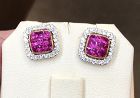 Beautiful Invisibly Set Pink Sapphire & Diamond 18k Gold Earrings