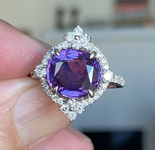 Stunning 4.68ct Purple Sapphire & Diamond Ring In Platinum AIGS Cert