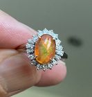Exquisite 1.56ct Mexico Fire Opal & Diamond Ring In Platinum