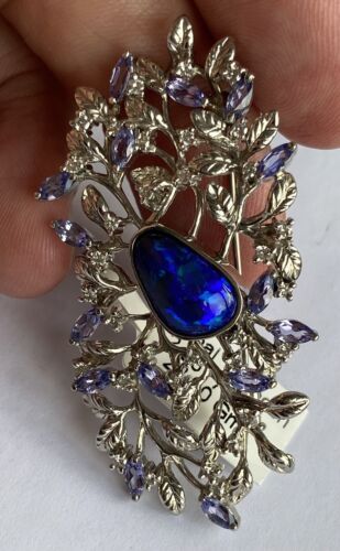 Exquisite 2.26ct Australian Black Opal & Tanzanite Platinum Brooch