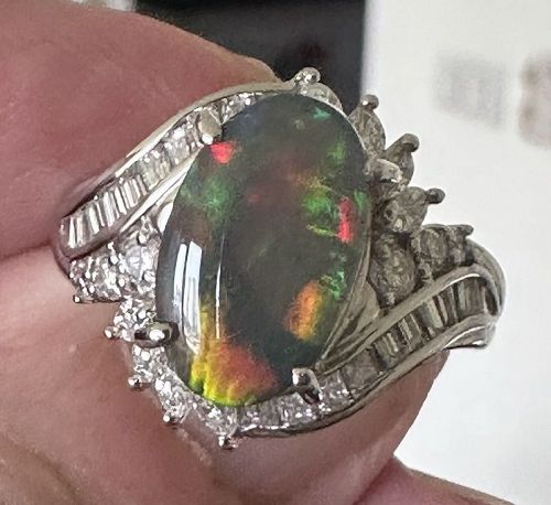 Magnificent 4.15ct Australian Black Opal & Diamond Platinum Ring