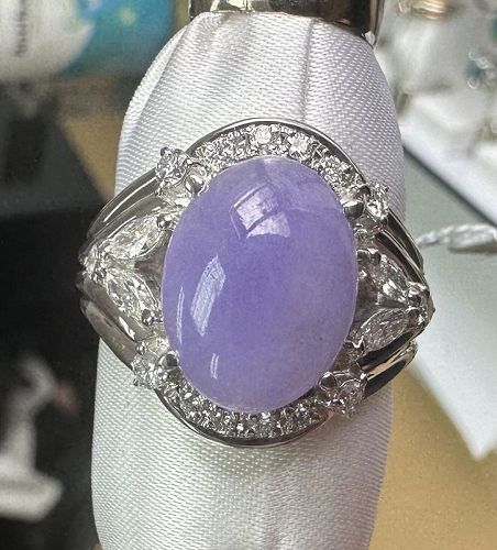 Very Pretty Grade A Lavender Jade & Diamond Platinum Ring