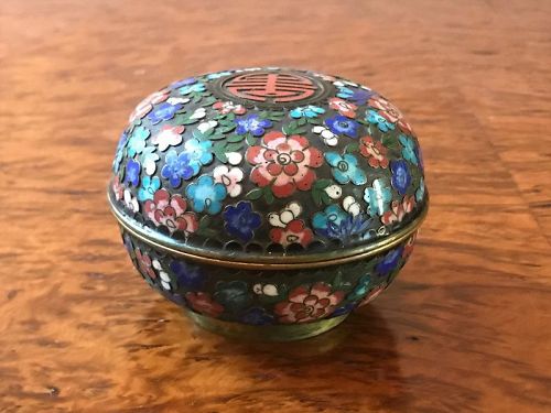 Chinese Raised Cloisonne Covered Box, Flowers and Stylized Character