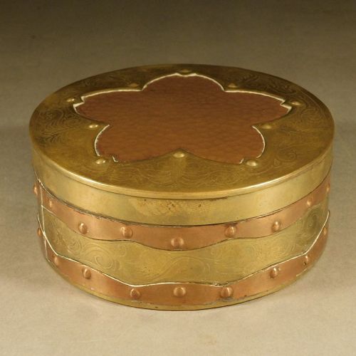 Arts and Crafts Period Brass, Copper Covered Box, Cherry Blossom Motif