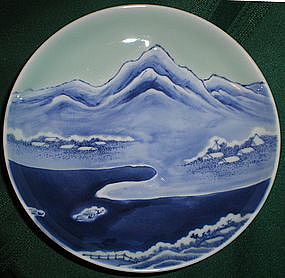 Nabeshima Celadon Landscape Footed Dish