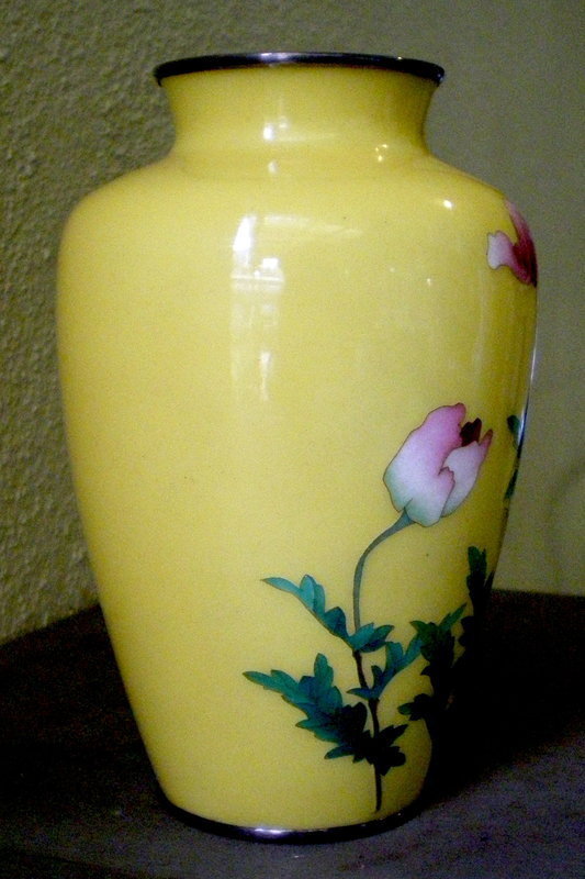 Yellow Japanese Cloisonne Vase - Oriental Poppies
