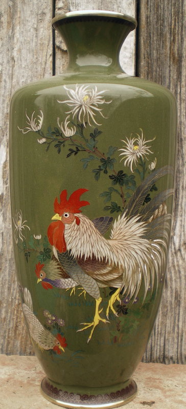 Japanese Cloisonne Vase - Chickens  #2