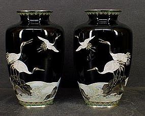 Japanese Cloisonne Vases - Inaba Red Crowned Cranes