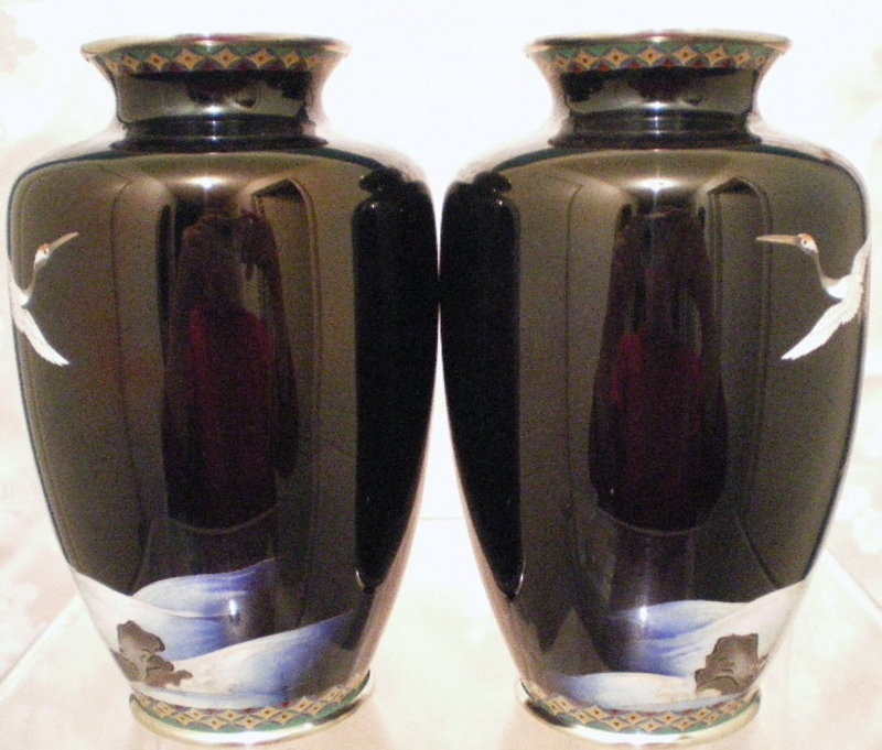 Japanese Cloisonne Vases - Inaba Red Crowned Cranes