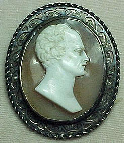 SILVER SHELL CAMEO PIN-CARVING OF MAN-c.1870