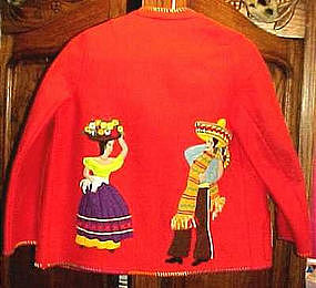 RED WOOL APPLIQUED MEXICAN JACKET -c.1940's