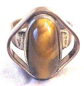 STERLING AND TIGER EYE RING - MODERNIST - SIGNED