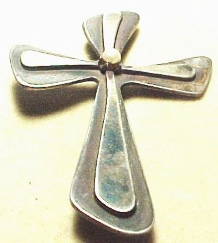 Large Modernist Sterling/Pearl CROSS Pin- JO CATANZARO