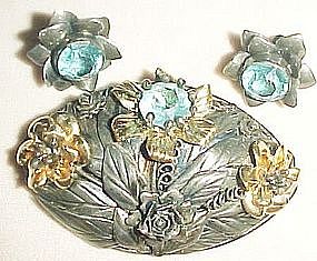 HOBE Sterling and Gold Washed Blue Glass Stone PIN/40's