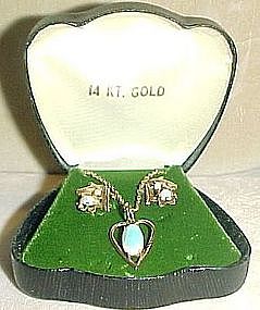 14K OPAL NECKLACE/EARRINGS SET in BOX - c.1950's