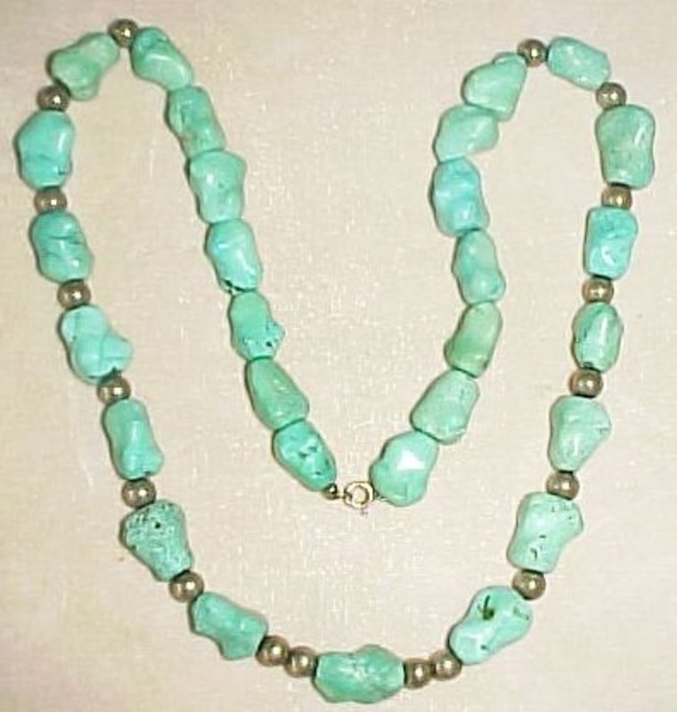 22&quot; LONG TURQUOISE NUGGET &amp; SILVER BEAD NECKLACE