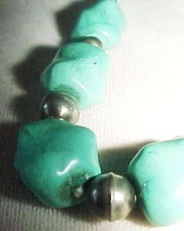 TURQUOISE NUGGET &amp; SILVER BEAD NECKLACE  - 15&quot;