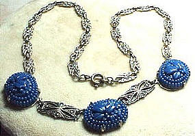 MARCASITES/STERLING/BLUE GLASS DECO NECKLACE