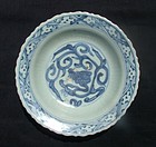 A Rare Ming Wanli Blue and White Foliated Dish w Dragon