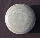 A RARE  YUEYAO CARVED AND INCISED BOX AND COVER