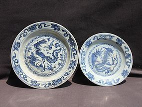 Two Ming Blue and White Dish With Phoenix