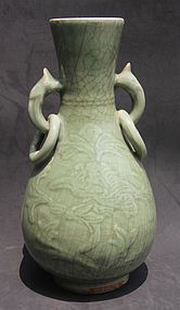 ALONGQUAN CELADON RING HANDLED VASE, Yuan-Early Ming dynasty