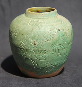 CUTE MING GREEN GLAZ FLORAL  CARVED JAR