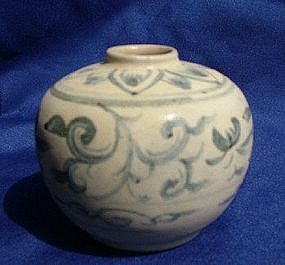 Anamese Blue White Jar With Floral Scroll Design