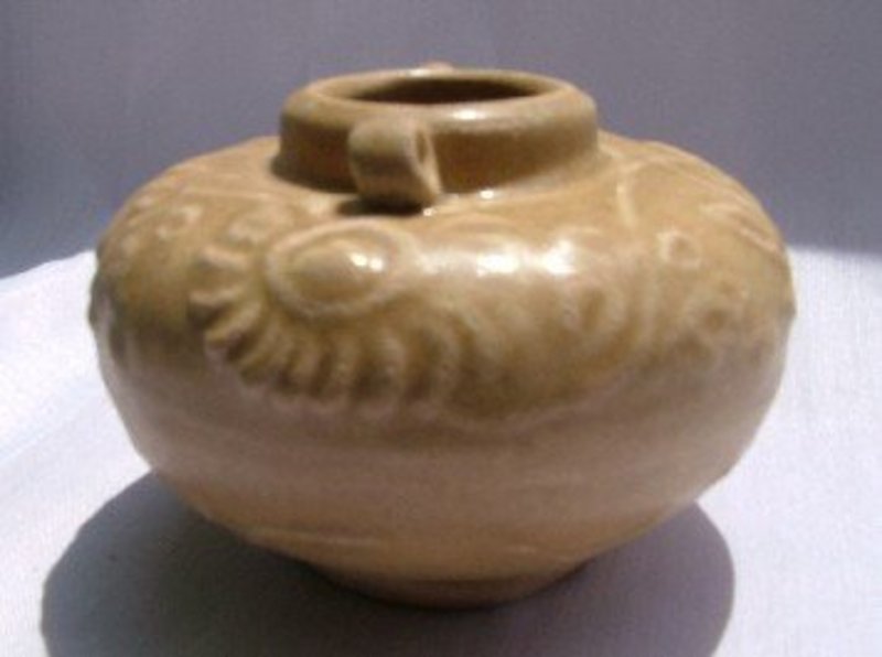 Yuan Celadon Jar with Moulded Floral Scroll Decoration