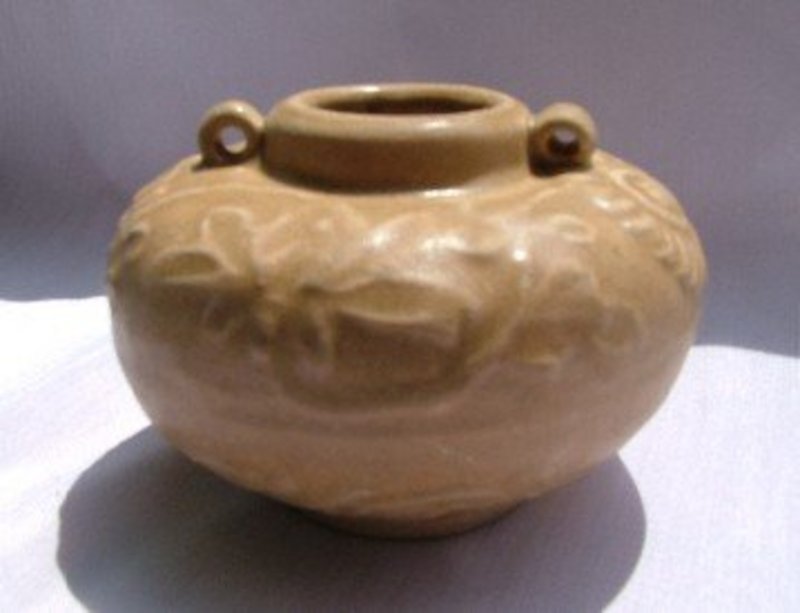 Yuan Celadon Jar with Moulded Floral Scroll Decoration