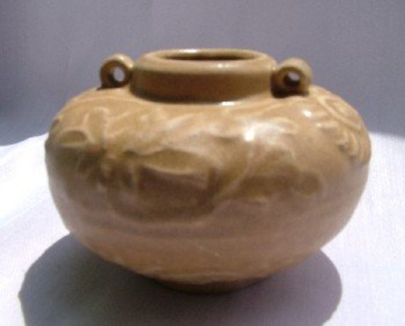 Yuan Celadon Jar with Moulded Floral Scroll Decoration