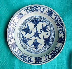 Wanli Blue and White Dish with Birds and Clouds