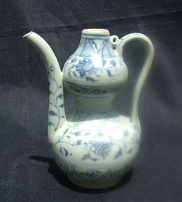 A Rare Yuan Blue and White Double Gourd Ewer