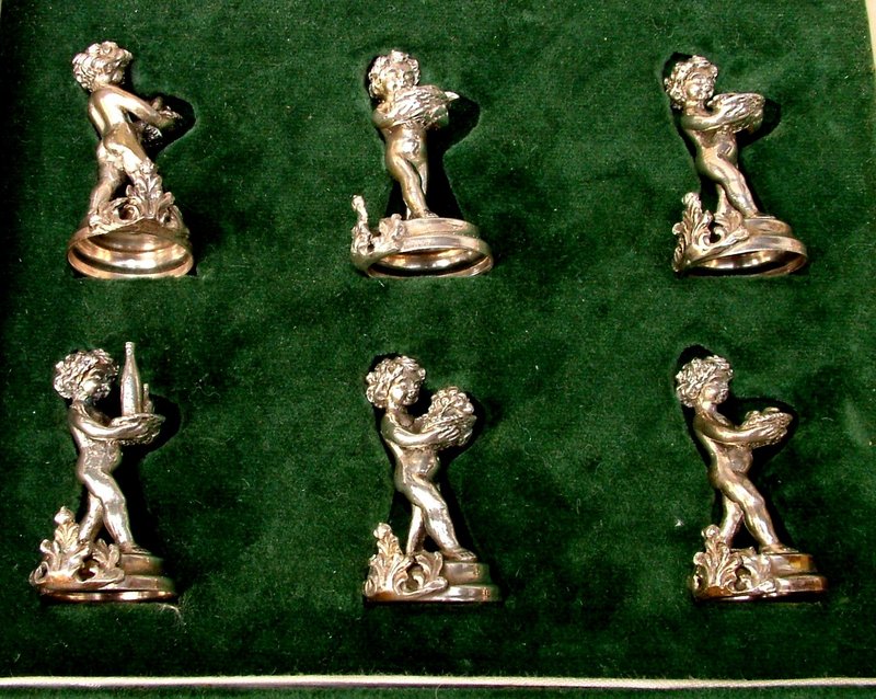 italian silver placecard holders, putti, cased