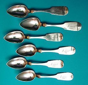 six coin silver teaspoons, J. Lewis