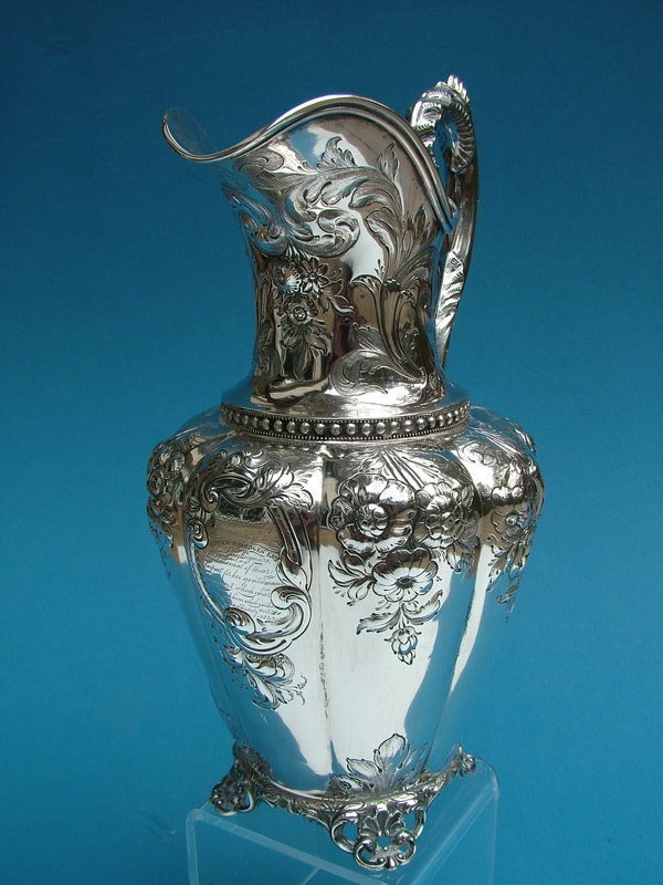 coin silver water pitcher, fire fighting interest