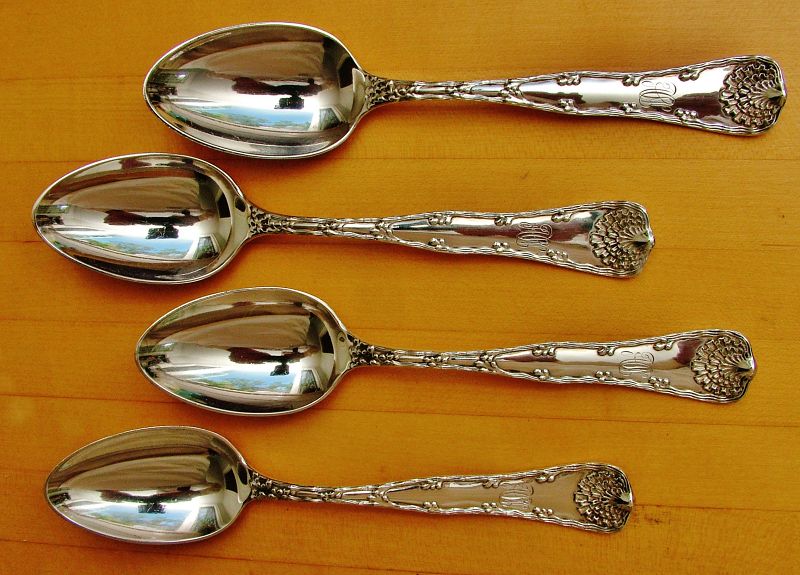 four Tiffany WAVE EDGE dessert spoons a/k/a oval soups