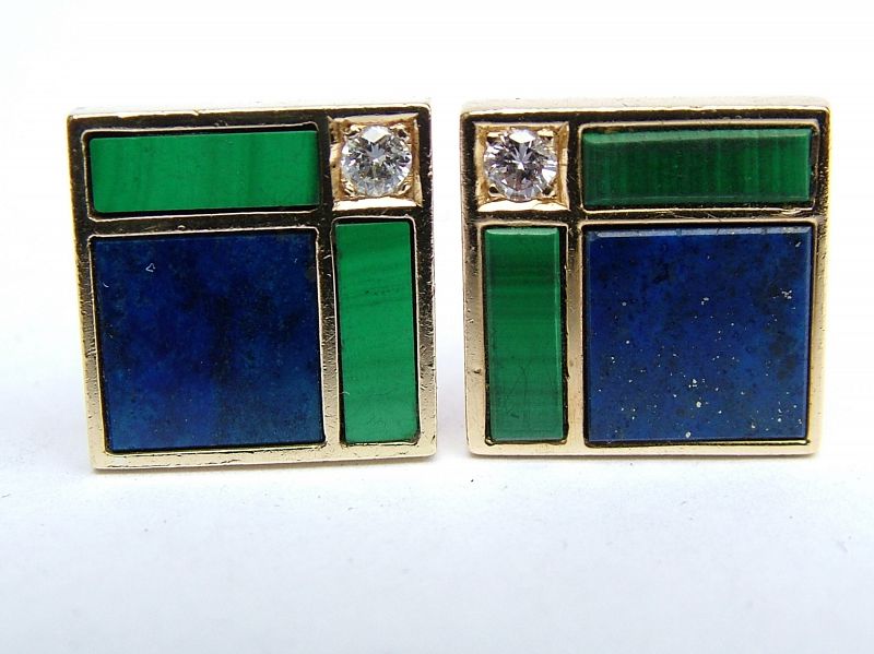 Art Deco gold, diamond, lapis &amp; malachite cufflinks, 18 &amp; 14k