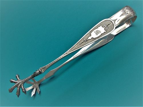 Oversized claw end coin silver tongs, George Bechtel,
