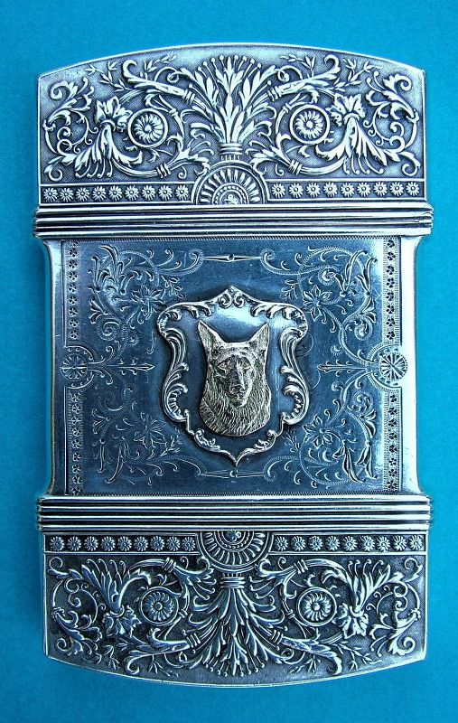 Whiting sterling card case with applied gold dogs